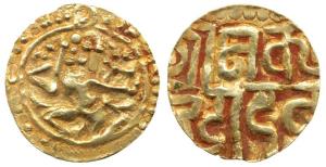 Kanhada Deva, Gold 41/2 Masha, 3.4g, obv. warrior in Veera-bhadra asana facing front with 