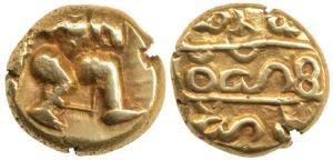 Vijayanagar, Hari Hara I (1336-1356 AD), Gold Pagoda, 3.32g, warrior walking to right with