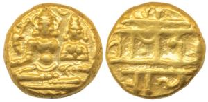Vijayanagar, Hari Hara II (1377-1404 AD), Gold Pagoda, 3.41g, seated Siva and Parvati on a