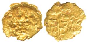 Vijayanagar, Sadashiva Raya (1543-1570 AD), Gold Fanam, 0.36g, Shiva and Parvati seated, r