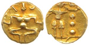 Vijayanagara Feudatories, Gold Fanam, 0.39g, obv. seated Lakshmi, rev. standing Garuda. Ex