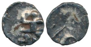 Vijayanagar, Silver Tara Fanam, 0.11g, Garuda or hanuman running to right holding a snake 