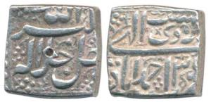 Akbar, Silver Square Rupee, 11.37g, Ahmedabad Mint, Ilahi type, Month Ardibisht, Year 30 (