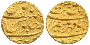 Aurangzeb, Gold Mohur, 10.9g, Burhanpur Mint, RY 7, a long stem floral attribute after Mun