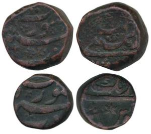 Aurangzeb, Copper Dam and ½ Dam, Surat Mint (KM285.11 & 283.8). Broad flan, Scarce. (2)