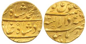 Muhammad Shah, Gold Mohur, 11g, Dar ul-Sarur Burhanpur Mint, AH 113x/4 (KM 438.6). Very Fi