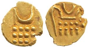 Haider Ali, Gold Fanams, 0.39g, degenerate kali, rev. Persian letter He in granulated fiel
