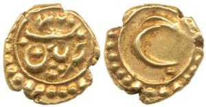 Tipu Sultan, Gold Fanam, 0.37g, Pattan Mint, AM 1216, a dot under He on rev. Extremely Fin
