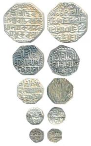 Gaurinath Simha Suhitpanapha (SE 1702-1718, 1780-1796 AD), set of 5, Silver Rupee, 1/2, 1/