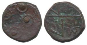 Chauda Rajput, Anonymous Paisa (KM 6.1), 7.33g, Solar symbols with serrated rays on obv., 