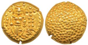 Negapatnam, Gold Pagoda, 3.35g, Lazy J with Lord Vishnu standing, facing front on obv., gr