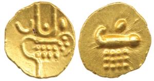 Gold Fanam, 0.37g, lazy J on obv., Kali on rev. Extremely Fine.