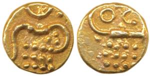 Gold Fanam, 0.28g, lazy J on obv. Kali on rev (KM 7). Extremely Fine.