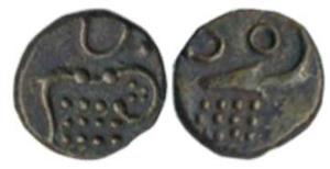 Silver Fanam, 0.28g, lazy J on obv. Kali on rev. Extremely Fine.