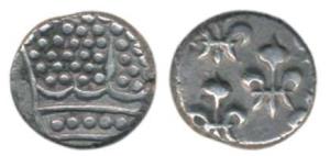 Pondicherry, Silver 2 Royalins (Fanon), 1.5g, pearled crown on obv., fleur de lis on rev. 