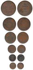Goa, Colonial Issues, Copper (6), Set of 6, 60 Reis or Tanga, 30 Reis or ½ Tanga, 15 Reis 