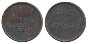 Copper ½ Anna, 11.6g, 1831-35 issue, New Calcutta Mint (KM 720). Very Fine+.