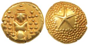 Star Gold Pagoda, 3.4g, single Swami (Balaji-Tirupati) standing facing front on obv. star 