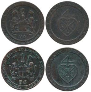 Copper ½ Dub or 1/96 Rupee (2), 1794 and 1797, coat of arms of the EIC on obv., bale mark 