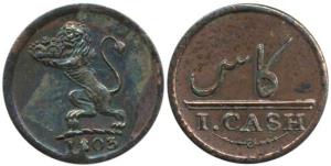 Copper 1 Cash, 0.61g, 1803, Lion holding a crown to left on obv., Value in English and Per