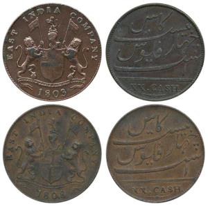 Copper 20 Cash (2), coat of arms of the EIC and date 1803 and 1808 on obv. value in Englis