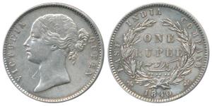 Victoria Queen, Silver Rupee, Mule, 1840, divided legend, 25 Berries. Very Fine+, Very Rar
