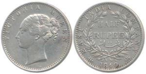 Victoria Queen, Silver ½ Rupee, 1840, Calcutta Mint, continuous legend, English Head, 19 B