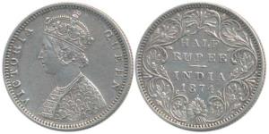 Victoria Queen, Silver ½ Rupee, 1874, Bombay Mint, B2 / II / dot. Extremely Fine, Rare.
