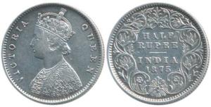 Victoria Queen, Silver ½ Rupee, 1875, Calcutta Mint, A / I / No mint mark. Very Fine+, Sca