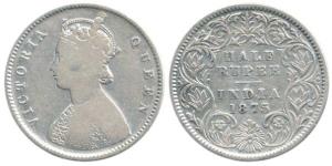 Victoria Queen, Silver ½ Rupee, 1875, Calcutta Mint, A / I / No mint mark. Fine+, Scarce.