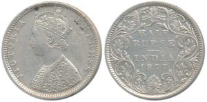 Victoria Empress, Silver ½ Rupee, 1877, Bombay Mint, B2 / II / dot. Very Fine+, Very Rare.
