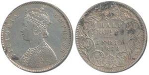 Victoria Empress, Silver ½ Rupee, 1878, Calcutta Mint, A / I / No mint mark. Extremely Fin
