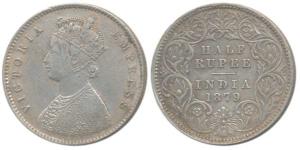 Victoria Empress, Silver ½ Rupee, 1879, Calcutta Mint, A / I / C incuse. Very Fine+, Extre