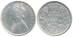 Victoria Empress, Silver ½ Rupee, 1880, Calcutta Mint, A / I / C incuse. Very Fine+, Extre