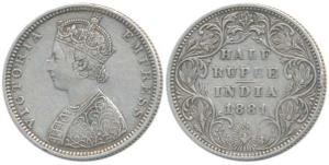 Victoria Empress, Silver ½ Rupee, 1881, Bombay Mint, B2 / II / dot. Very Fine+, Rare.