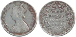 Victoria Empress, Silver ½ Rupee, 1884, Bombay Mint, A / II / dot. Very Fine, Rare.
