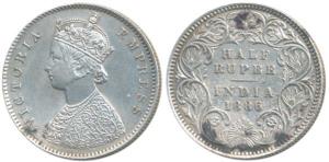 Victoria Empress, Silver ½ Rupee, 1886, Calcutta Mint, A / I / C incuse. About Extremely F
