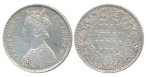 Victoria Empress, Silver ½ Rupee, 1889, Bombay Mint, A / II / B raised. Very Fine+, Scarce