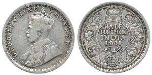 George V, Silver ½ Rupee, 1911, Calcutta Mint, No mint mark. Very Fine, Very Rare.