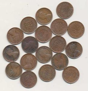 Victoria Queen and Empress, Copper ½ Pice, Assorted Lot of 18 different Dates, 1862, 1885,