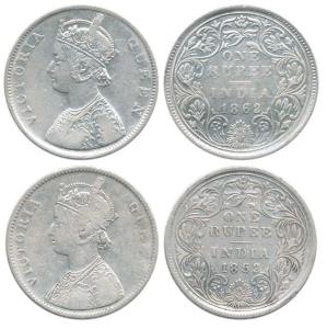 Victoria Queen, Silver Rupee, 1862, B / IIa; A / IIa. Fine+ to Very Fine+. (2)