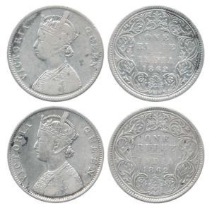 Victoria Queen, Silver Rupee, 1862, B / I / 0 / 4; A / I / 0 / 4. Fine+, Scarce. (2)