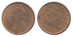 Victoria Empress, Copper ¼ Anna, 1880, Calcutta Mint, B / II, C incuse. Extremely Fine, Ra