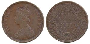 Victoria Empress, Copper ½ Anna, 1877. Nice mint lusture, Extremely Fine, Rare.