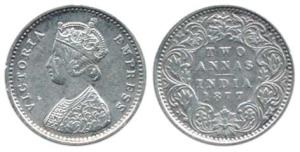 Victoria Empress, Silver 2 Annas, 1877, Bombay Mint, A / I / dot. Extremely Fine, Rare.