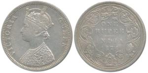 Victoria Queen, Silver Rupee, 1874, Bombay Mint, C1 / II / No mint mark. Very Fine+, Rare.