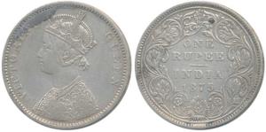 Victoria Queen, Silver Rupee, 1875, Bombay Mint, A2 / II / No mint mark. About Extremely F