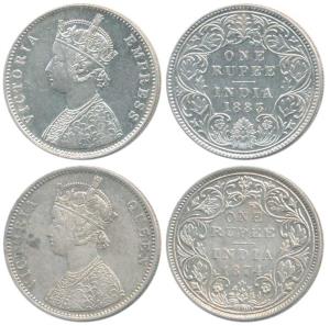 Victoria Queen and Empress, Silver Rupee, 1874, Bombay Mint, A2 / II / No mint mark; 1883,