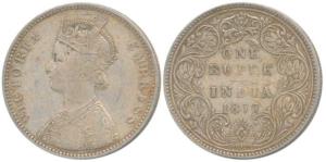 Victoria Empress, Silver Rupee, 1877, Bombay Mint, A3 / II / No mint mark. Fine+, Very Rar