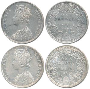 Victoria Empress, Silver Rupee, 1883, Bombay Mint, A3 / I / B raised, 1892, C2 / I / B rai